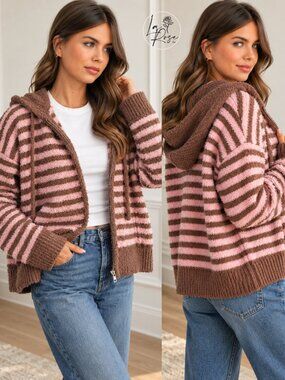 Jayden Striped Zip-Up Hooded Cardigan | Women's Fall & Winter Jacket | Striped